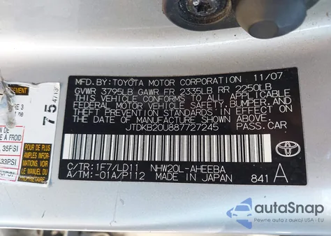 2008 Toyota Prius from USA, damaged, VIN JTDKB20U887727245